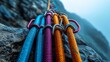 © Emaan Malik - Bundle of colorful climbing carabiners clipped onto a sturdy rope with a climbers harness nearby laying on rugged rock perfect for a technical ascent