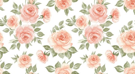  Watercolor Rose Floral Pattern Peach and Green Leaves.