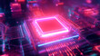 © Oxana - CPU digital electronic technology glowing purple background. Raster bitmap digital illustration. AI artwork.