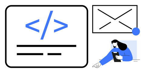 Code snippet symbol, message design in wireframe, tablet user. Ideal for coding, programming, web design, user interface, SEO strategy, digital development simple landing page