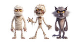 Three animated characters featuring mummy, zombie, and wolf. mummy is wrapped bandages, zombie has decayed appearance, and wolf has fierce expression. These characters evoke playful yet spooky