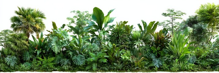 Wall Mural - Lush Tropical Foliage Background with Palm Trees and Dense Greenery on a White Backdrop