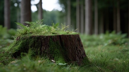 Wall Mural - Mossy Tree Stump in Lush Forest: A Serene Nature Scene for Ecological and Environmental Projects