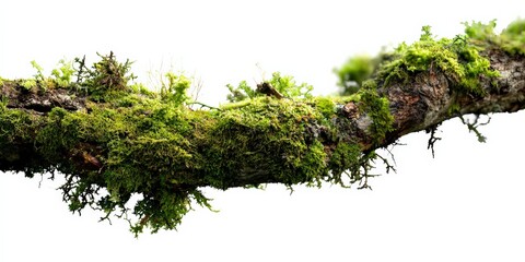 Wall Mural - Close-up of mossy tree branch against a white background, ideal for nature-themed design elements
