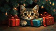 © ProPhotos - A mischievous tabby cat peered out from under the Christmas tree, its paws pawing at the sparkling ribbons wrapped around the brightly colored presents. In cartoon style,