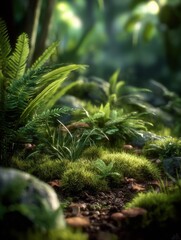 Wall Mural - Lush Green Undergrowth in a Dense Forest with Ferns and Mossy Ground Cover