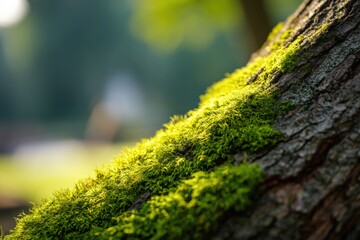 Wall Mural - Moss Growing on Tree Bark in Forest, Capturing Natural Light and Textural Detail Close-up