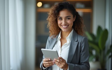 Executive CEO businesswoman saleswoman holding digital tablet pc device for work in office, looking at camera. Smiling successful latin hispanic young woman using pad tab computer for business app