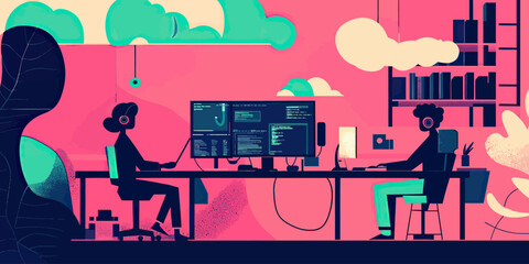 Two developers coding software on desktop computers in modern bright office with bookshelves, plants, and clouds decoration vector illustration