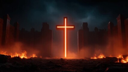 Wall Mural - Glowing cross with fiery ground and dark ominous sky, dramatic intense atmosphere with burning embers and ruins surrounding illuminated religious symbol in mysterious landscape