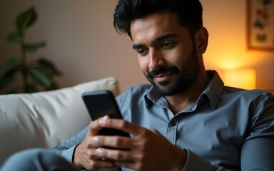 Focused mature 40 years old eastern indian man using mobile phone application app, chat message online. Mature user male freelance entrepreneur rest at home, buy trade crypto currency on smartphone.