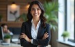 © handong - Portrait of beautiful successful hispanic young business woman with crossed arms smiling at camera. Latin or eastern confident middle age female ceo leader businesswoman standing in office. Copy space