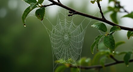 Delicate spider web covered in dew drops on a branch with green leaves