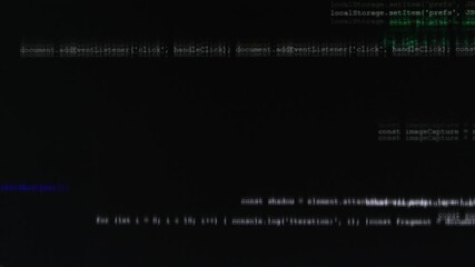Lines of blurred abstract code flashing quickly on a monitor screen, concept of programming and information systems protection.