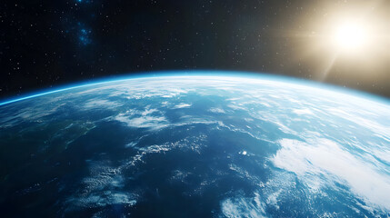 Wall Mural - Stunning view of Earth from space, showcasing the blue oceans and white clouds under the light of the sun, highlighting planetary beauty.