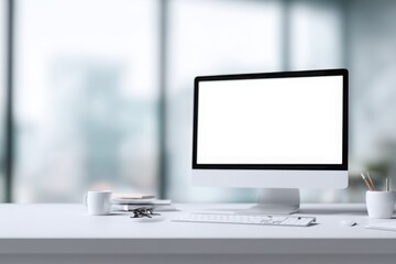 blurred background of a modern office interior with a white desk and computer monitor mockup, a minimalist work space for a graphic designer or web developer, with copy space.
