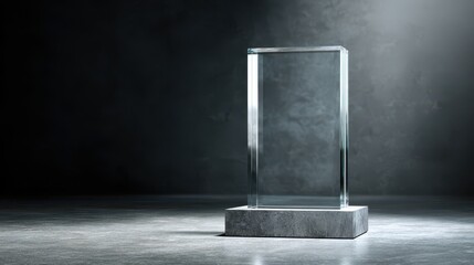Elegant photo of empty acrylic award design mockup, blank glass trophy mockup, Template for a transparent crystal prize plate.