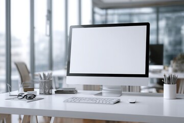 blurred background of a modern office interior with a white desk and computer monitor mockup, a minimalist work space for a graphic designer or web developer, with copy space.