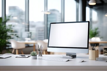 blurred background of a modern office interior with a white desk and computer monitor mockup, a minimalist work space for a graphic designer or web developer, with copy space.