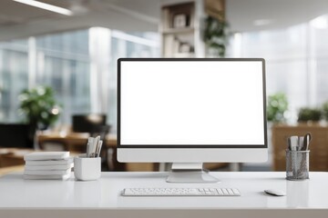 blurred background of a modern office interior with a white desk and computer monitor mockup, a minimalist work space for a graphic designer or web developer, with copy space.