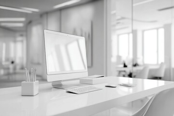 blurred background of a modern office interior with a white desk and computer monitor mockup, a minimalist work space for a graphic designer or web developer, with copy space.