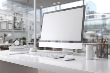 blurred background of a modern office interior with a white desk and computer monitor mockup, a minimalist work space for a graphic designer or web developer, with copy space.
