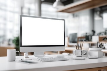 blurred background of a modern office interior with a white desk and computer monitor mockup, a minimalist work space for a graphic designer or web developer, with copy space.