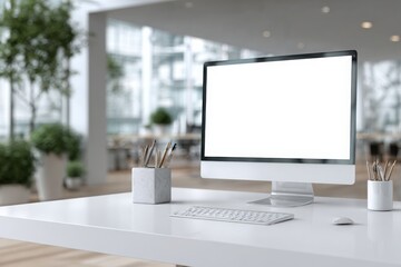 blurred background of a modern office interior with a white desk and computer monitor mockup, a minimalist work space for a graphic designer or web developer, with copy space.