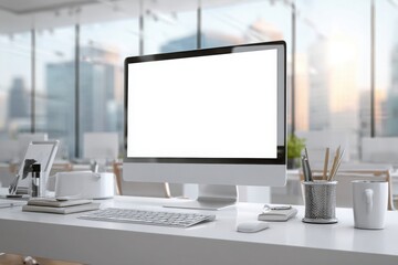 blurred background of a modern office interior with a white desk and computer monitor mockup, a minimalist work space for a graphic designer or web developer, with copy space.