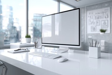 blurred background of a modern office interior with a white desk and computer monitor mockup, a minimalist work space for a graphic designer or web developer, with copy space.