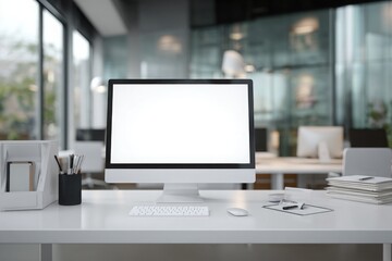 blurred background of a modern office interior with a white desk and computer monitor mockup, a minimalist work space for a graphic designer or web developer, with copy space.