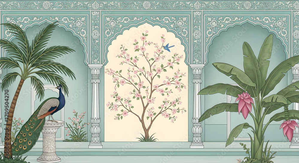 Vintage mughal garden wallpaper mural with peacock and floral tree wall ...