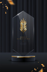 Wall Mural - Glass award trophy.Transparent prize template with golden palm branch. Winner first place concept. Vector illustration.