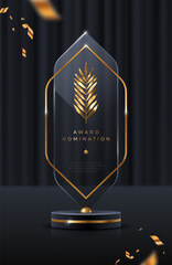 Wall Mural - Glass award trophy.Transparent prize template with golden palm branch. Winner first place concept. Vector illustration.