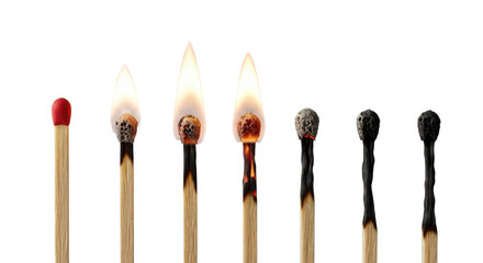 A row of seven wooden matches showing a progression from unlit to burnt out isolated on transparent background