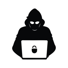 Silhouette of a hacker working on a laptop with a padlock symbol, hacker breaking password silhouette vector illustration