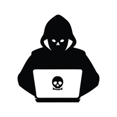 Silhouette of a hacker in a hoodie using a laptop with skull, hacker using encrypted device silhouette vector illustration