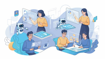 Team collaborates on futuristic project using holographic displays and AI robots in a modern office, showcasing innovation and teamwork.