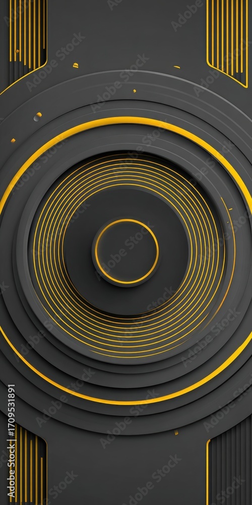 Abstract concentric circles in dark gray and gold, layered and textured ...