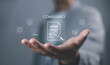 © VRVIRUS - Business compliance and regulation concept showing digital document with check mark icon, symbolizing legal standards, corporate governance, risk management, policy, quality control in modern business