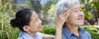 © 9nong - Senior wife helps massaging her old husband’s head and temple for relaxing mood, de-stress, fatigue reliving, Asian couple real people model, header banner crop