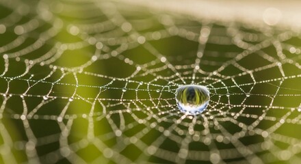 Glistening dewdrop on a natural spiderweb in soft morning light