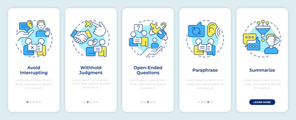 Wall Mural - active listening techniques onboarding mobile app screen. walkthrough 5 steps editable graphic instr