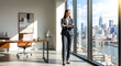 © Celt Studio - Successful confident businesswoman standing in modern office looking at city skyline, corporate leader and executive career concept with arms crossed, professional portrait.
