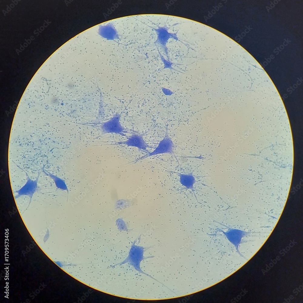 Microscopic image of human nerve cells showing neuron bodies and ...