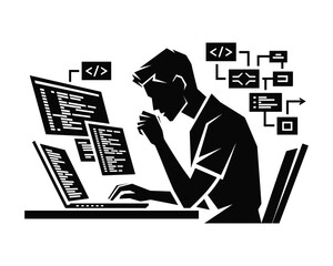Focused programmer working on multiple computer screens with flowchart elements and code snippets