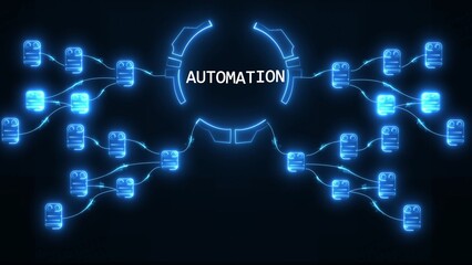 Abstract blue neon network of connected nodes with the word Automation in the center technology connection