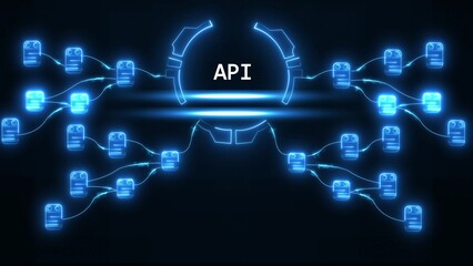 Glowing blue neon A P I network diagram with connected nodes application programming interface connection