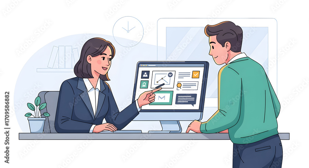 Businesswoman presenting digital data to client on computer screen in ...