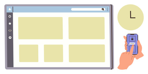 Large browser window with grid layout next to hand using phone to unlock access. Locked screen on phone. Ideal for data security, website access, two-factor authentication, user interface
